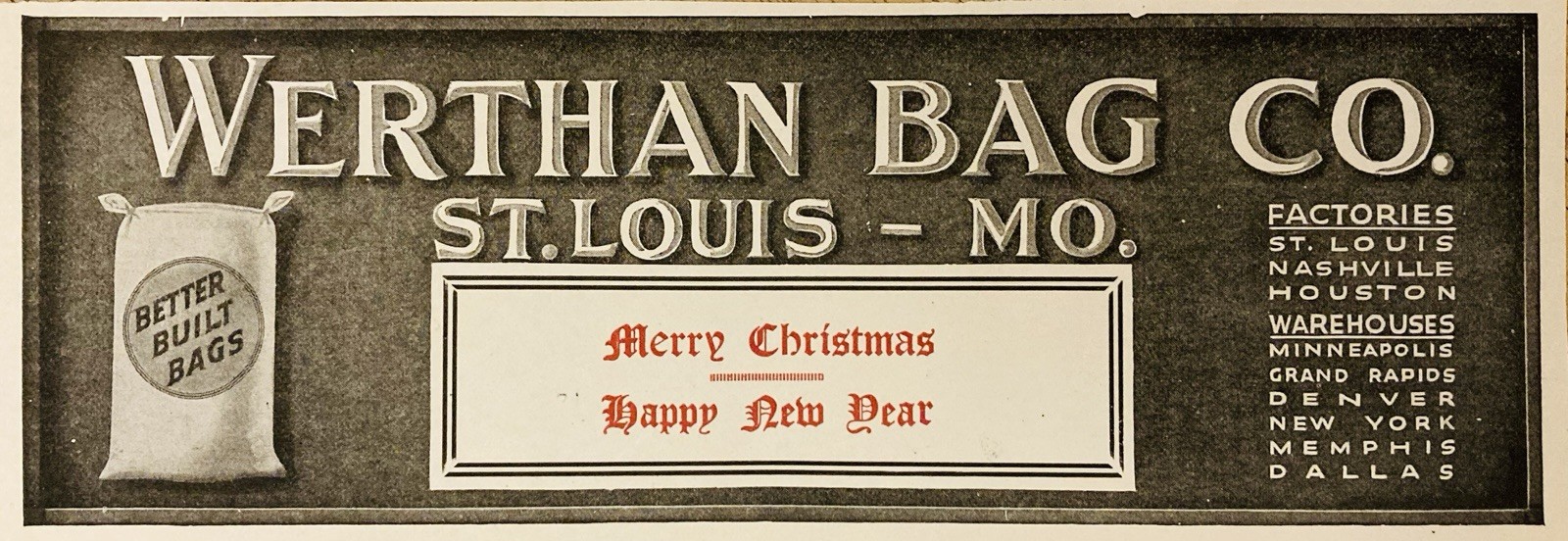 1919 AD.(PC9)~WERTHAN BAG CO. ST. LOUIS, MO. FLOUR, GRAIN AND SEED BAGS