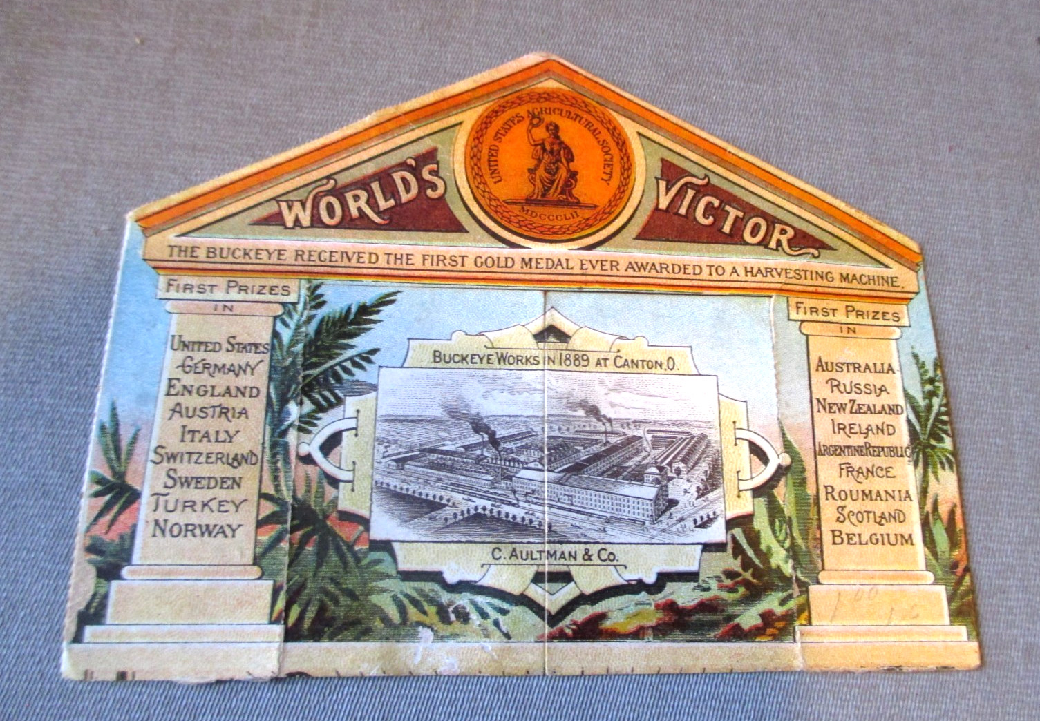 1889 BUCKEYE HARVESTING MACHINE FACTORY FOLD OUT TRADE CARD- CANTON AKRON OHIO