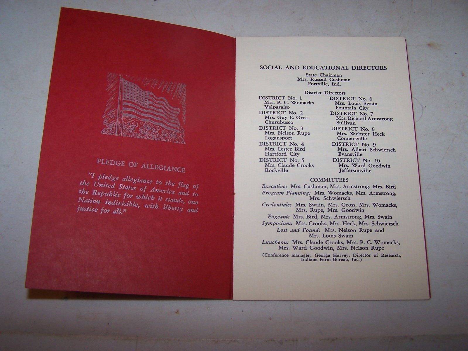 1954 INDIANA FARM BUREAU Social & Educational Conference Program INDIANAPOLIS