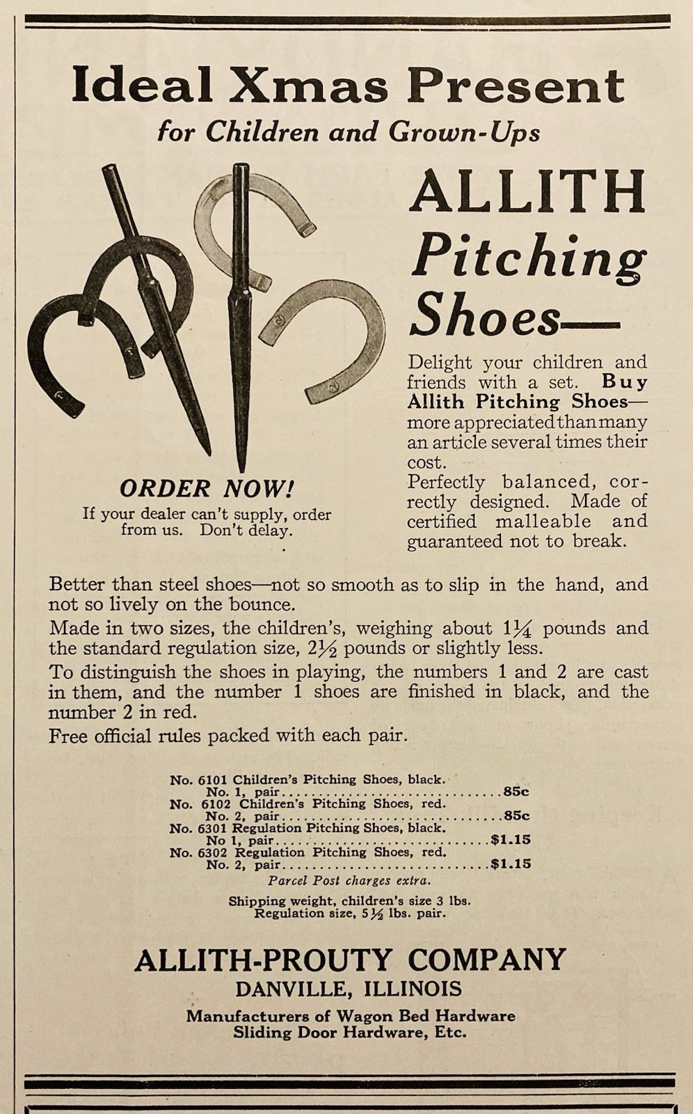 1924 AD.(XH82)~ALLITH-PROUTY CO. DANVILLE, ILL. ALLITH PITCHING HORSE SHOES