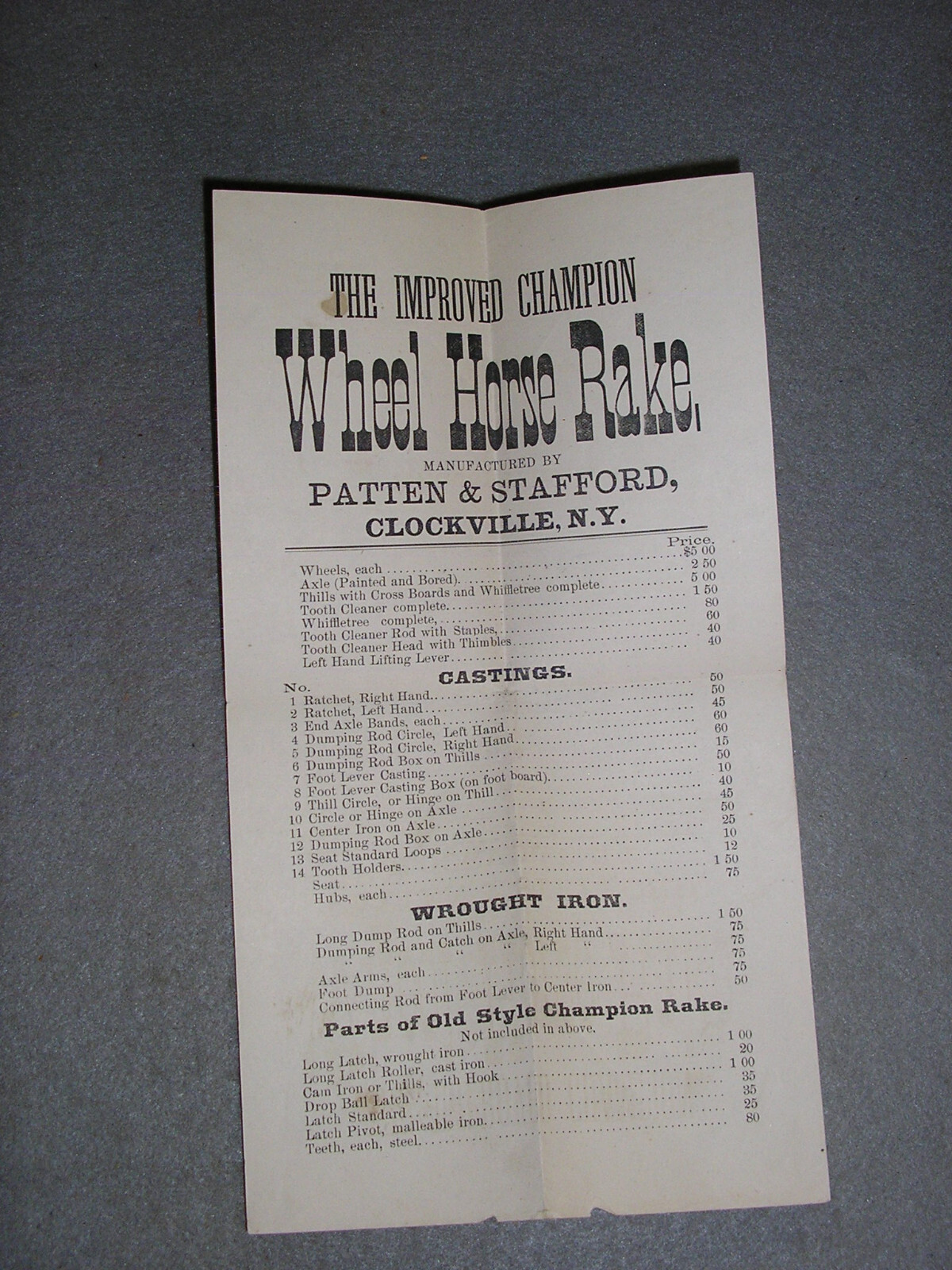 Antique Farm Tool Ad Wheel Horse Rake Tractor Parts Price List Patten & Stafford