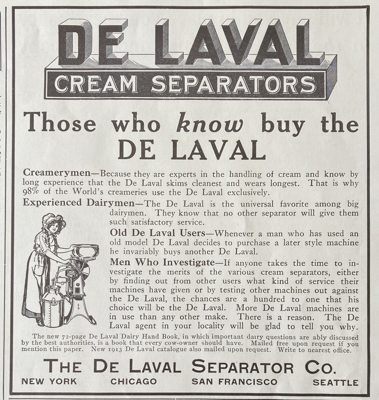 1913 AD.(XH5)~DE LAVAL SEPARATOR CO. CHICAGO. DE LAVAL CREAM SEPARATORS