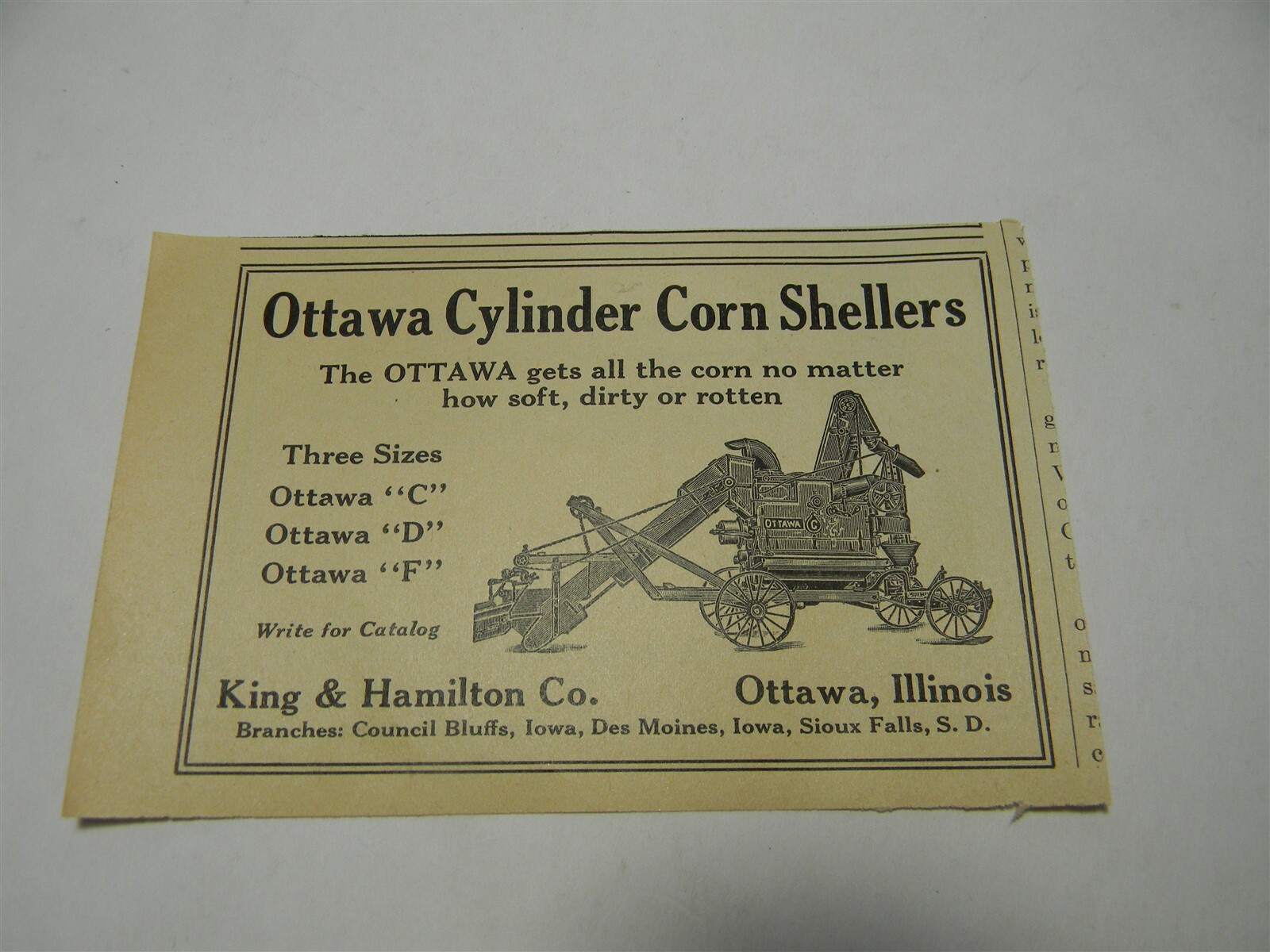 Vintage 1920s King & Hamilton Co. Ottawa Corn Sheller Man Cave Farming Ad – P31