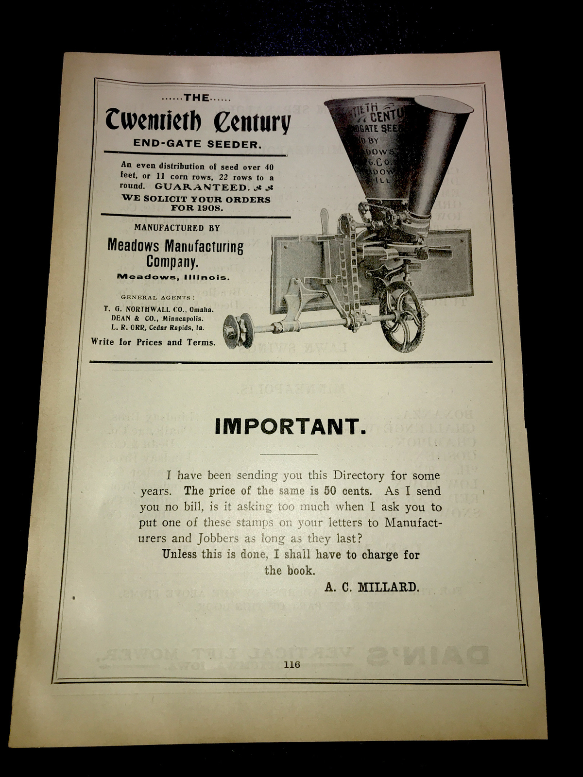 1908 Twentieth Century Seeder Farm Advertising – Meadows – Illinois