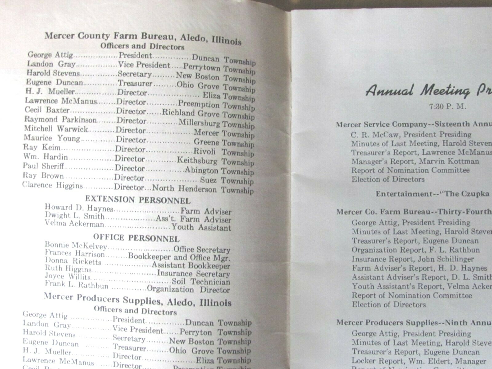 1950 MERCER COUNTY FARM BUREAU SERVICE & PRODUCERS ILLINOIS ANNUAL MEETING BOOK