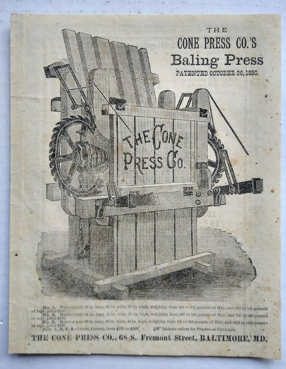 1882 Antique Hay Baler Engraving Art Farm Machinery Cone Press Co. Print Ad