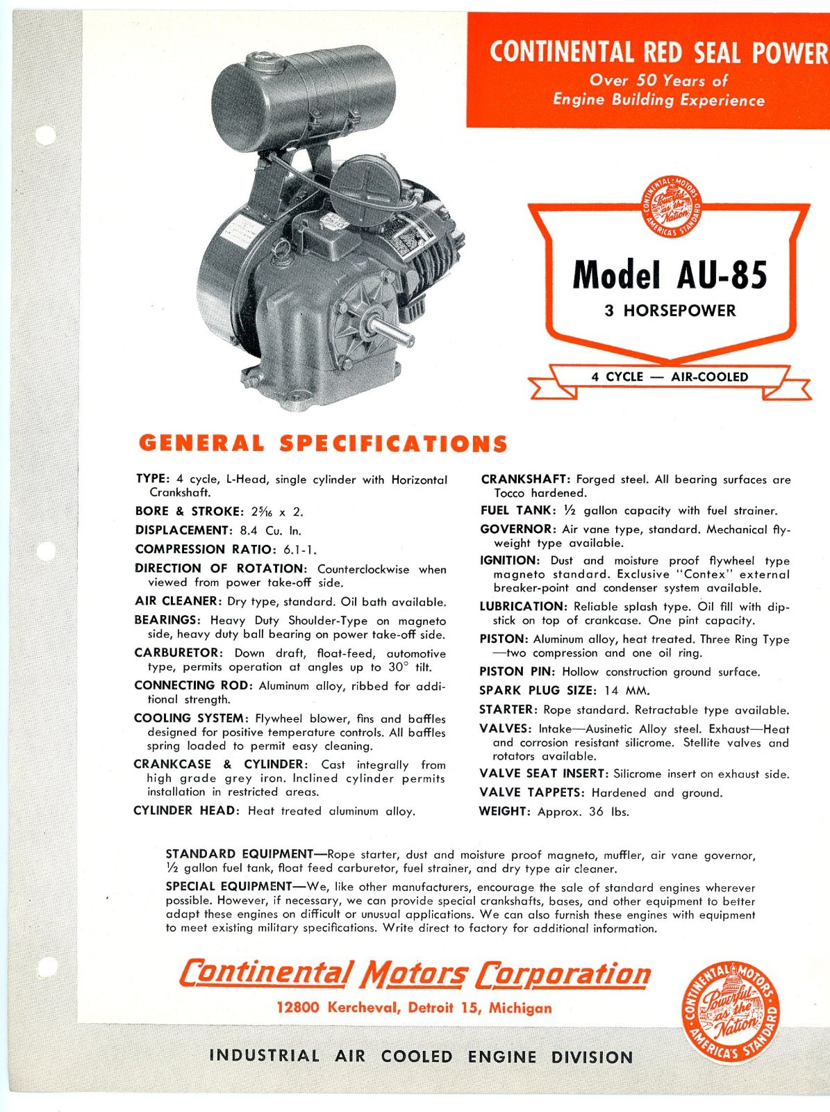 Continental Red Seal Air Cooled 3 HP Engine model AU-85 1954 sales brochure