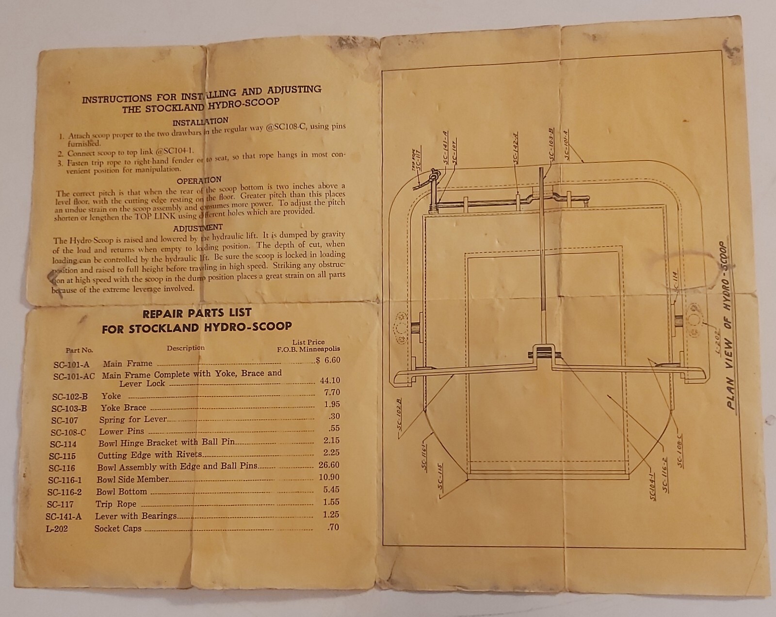 RARE VTG « STOCKLAND HYDRO-SCOOP FOR FORD TRACTORS » REPAIR LIST (MINNEAPOLIS, MN)