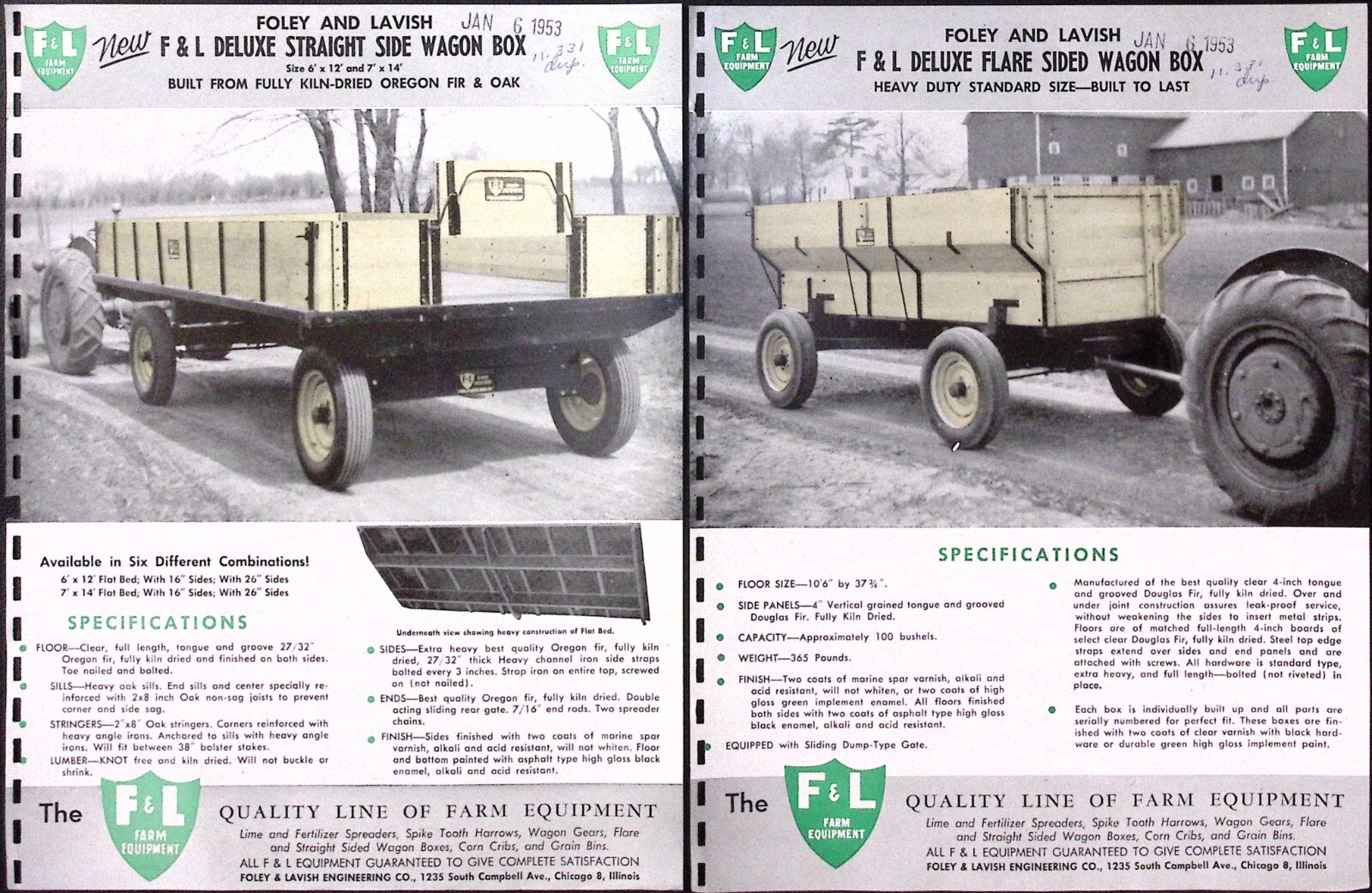 1953 Foley & Lavish F&L Deluxe Straight Side Wagon Box Brochure Chicago IL