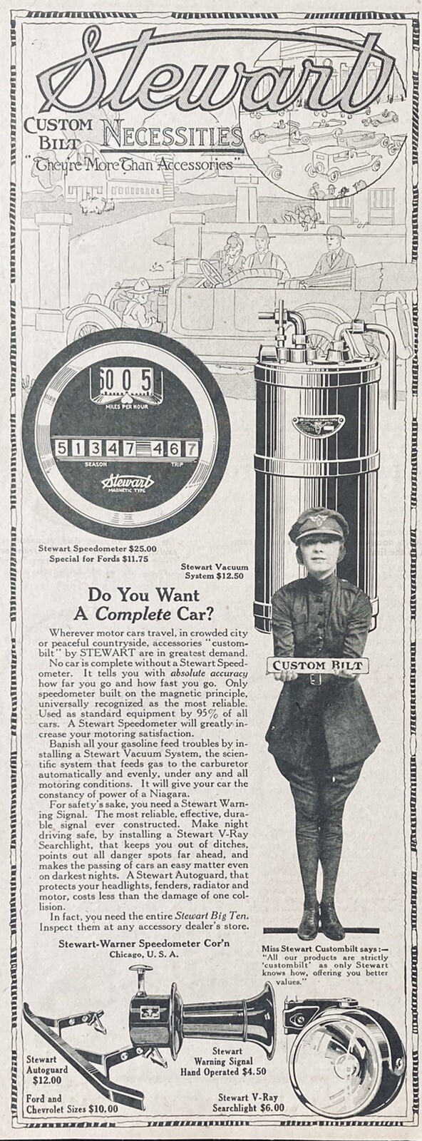 1919 AD(XG8)~STEWART-WARNER SPEEDOMETER CO. CHICAGO. CUSTOM BILT CAR NECESSITIES