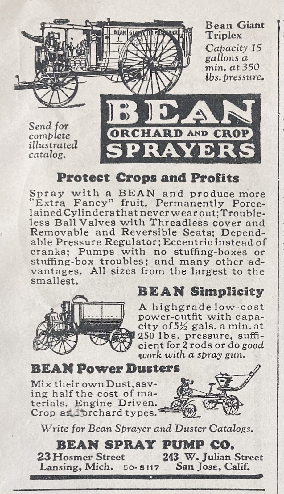 1926 AD.(XG22)~BEAN SPRAY PUMP CO. LANSING, MI. BEAN ORCHARD AND CROP SPRAYERS