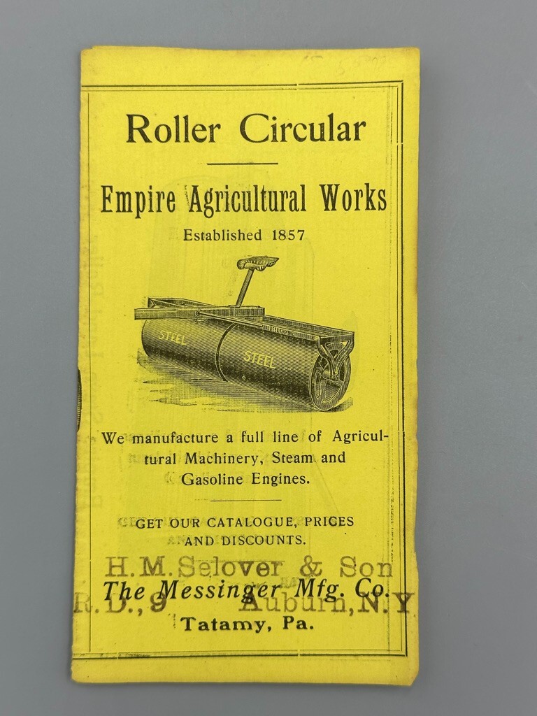 1880s EMPIRE AGRICULTURAL WORKS Roller Messinger Mfg FARM Advertising TATAMY PA