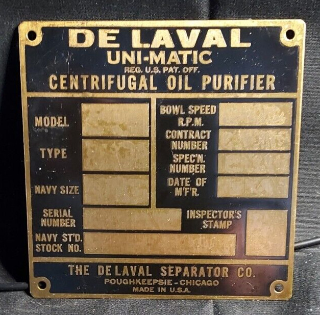 Old Metal Sign Emblem De Laval Uni-Matic Centrifugal Oil Purifier Separator