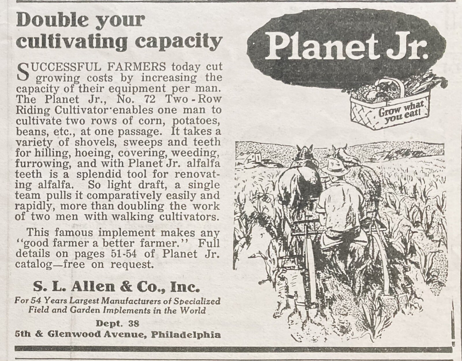 1926 AD.(XH1)~S.L. ALLEN CO. PHIL., PA. PLANET JR. NO.72 TWO-ROW CULTIVATOR