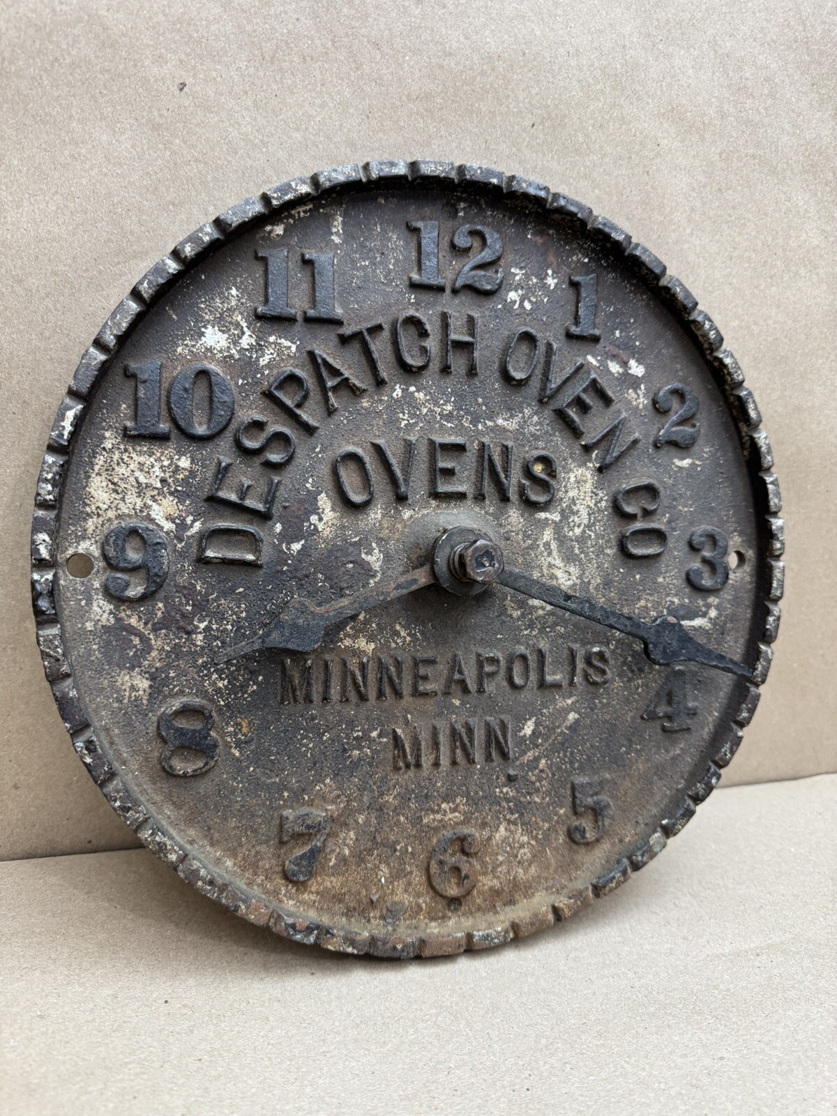 Antique Early Despatch Oven Clock Cast Iron Advertising Minneapolis Minnesota