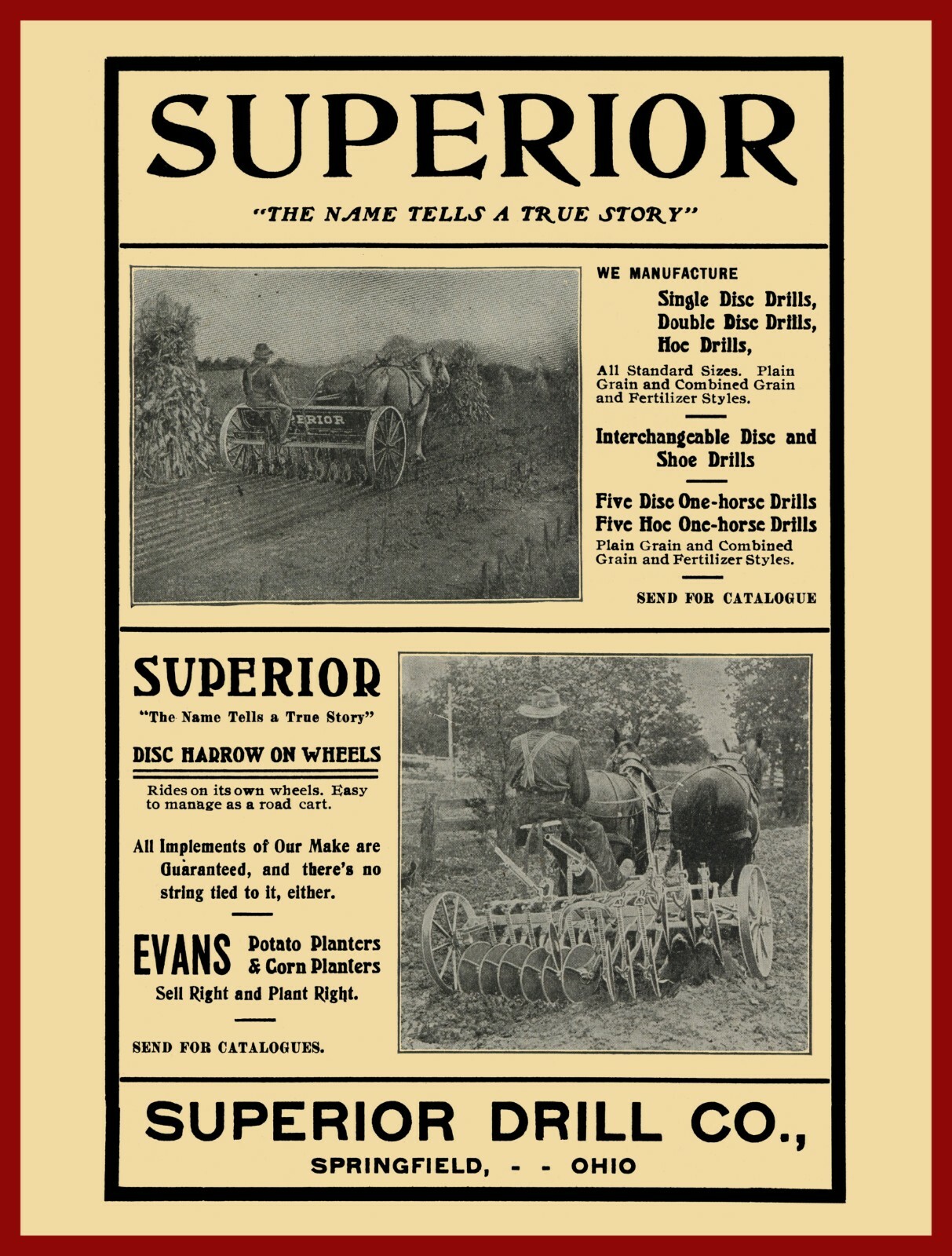 1905 Superior Drill Co. NEW Metal Sign: Wheeled Disc Harrow – Springfield, OhiO