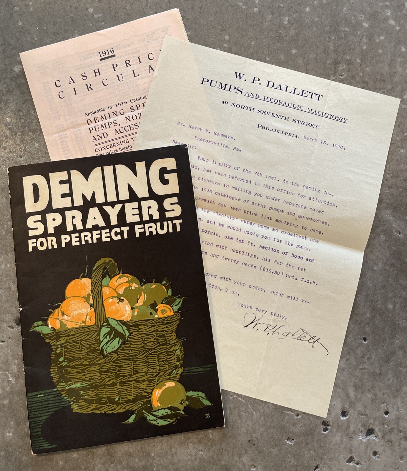 1916 Deming Spray Pump Catalog Orchard Vineyard Signed WP Dallett Letter