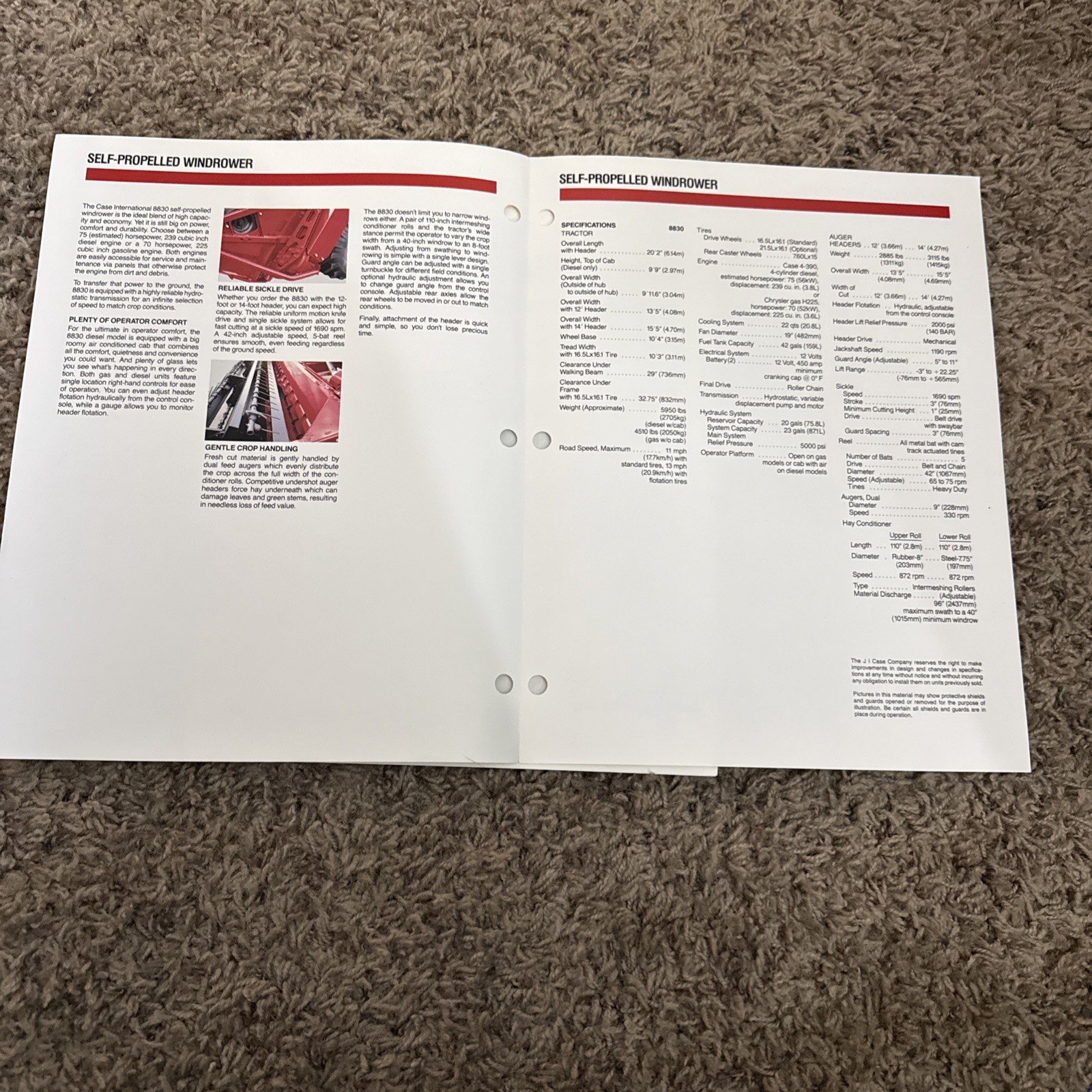 1990s lot of 2 8830 Self Propelled Windrower Spec book Case IH