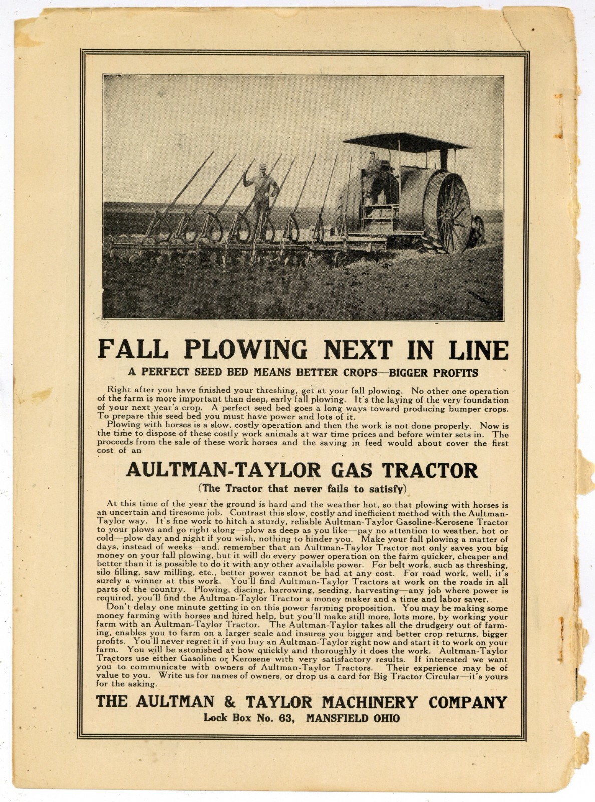 1915 Aultman & Taylor Machinery Co. Ad: Gas/Kerosene Tractor – Mansfield, OhiO