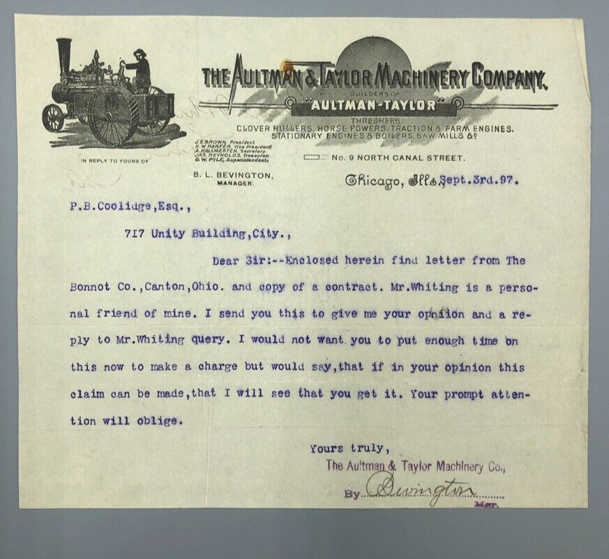 1897 AULTMAN TAYLOR Farm Tractor THRESHING Letterhead Antique Advertising