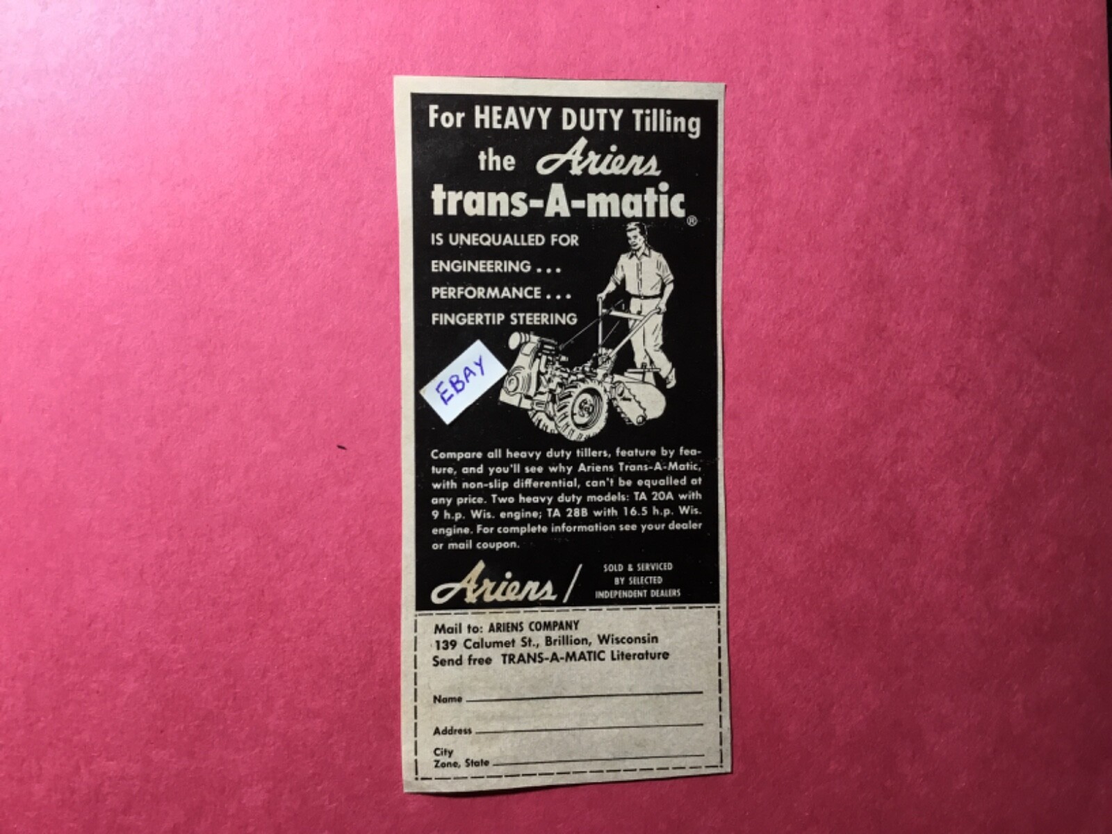 1962 Ad. Ariens Trans-A-Matic Tiller. Ariens Co. Brillion, Wisconsin.