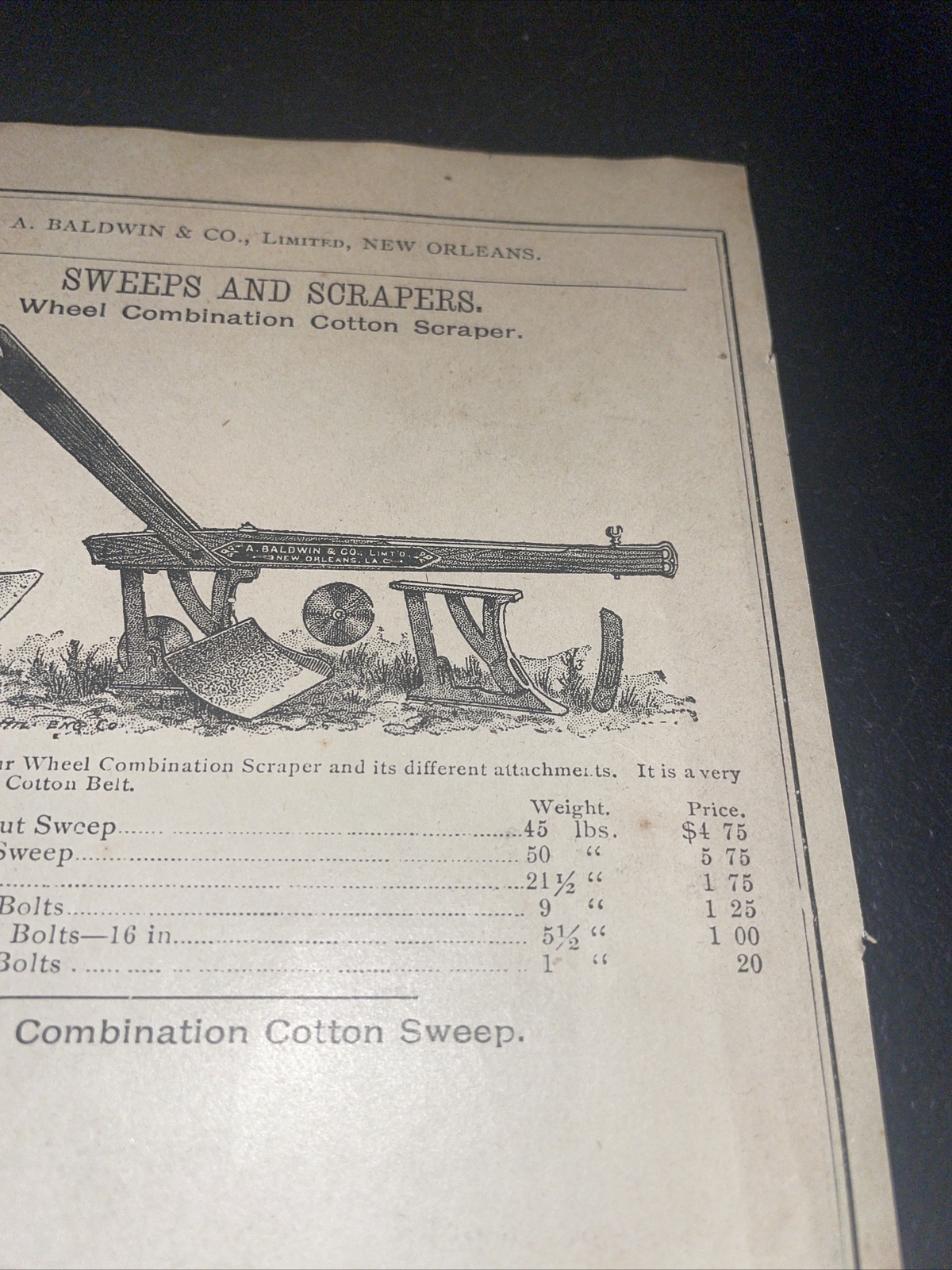 1891 Baldwin Cotton Scraper Plow Farm Advertising – New Orleans – Louisiana
