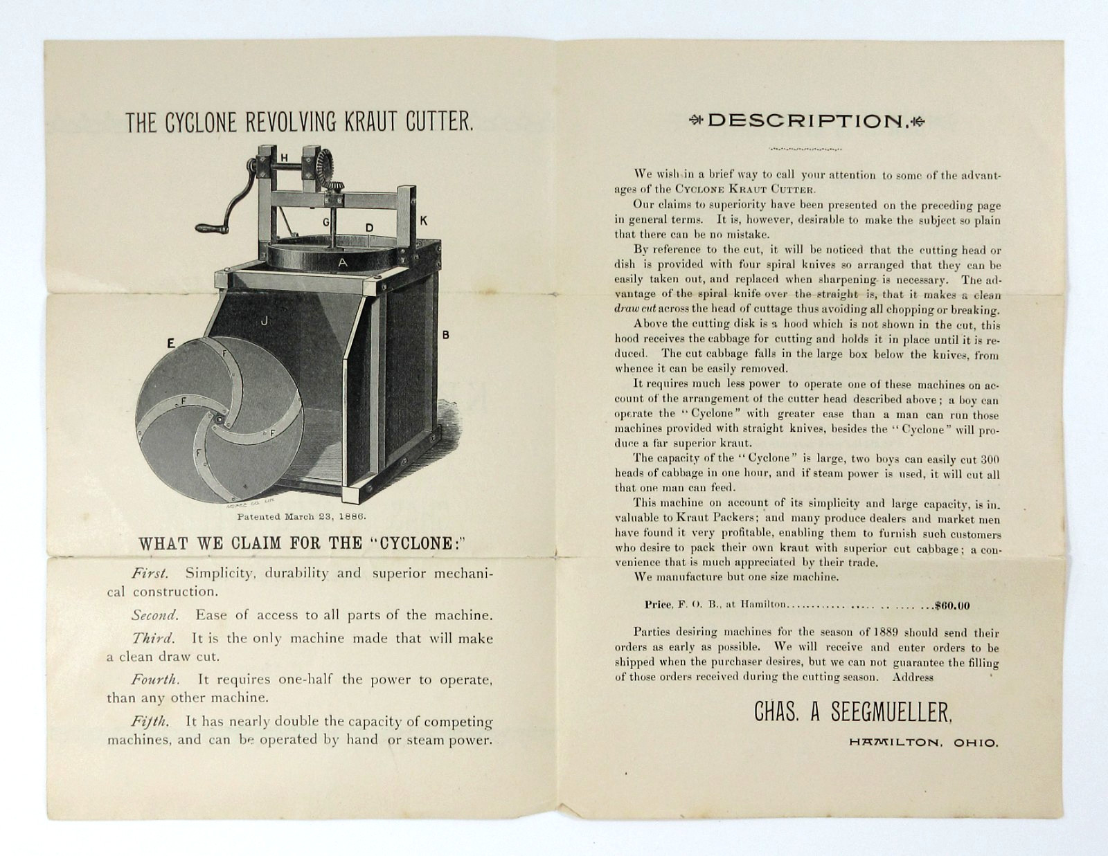 Cyclone Sauerkraut Cutter Brochure Farm Steam Engine Accessory Hamilton OH 1889