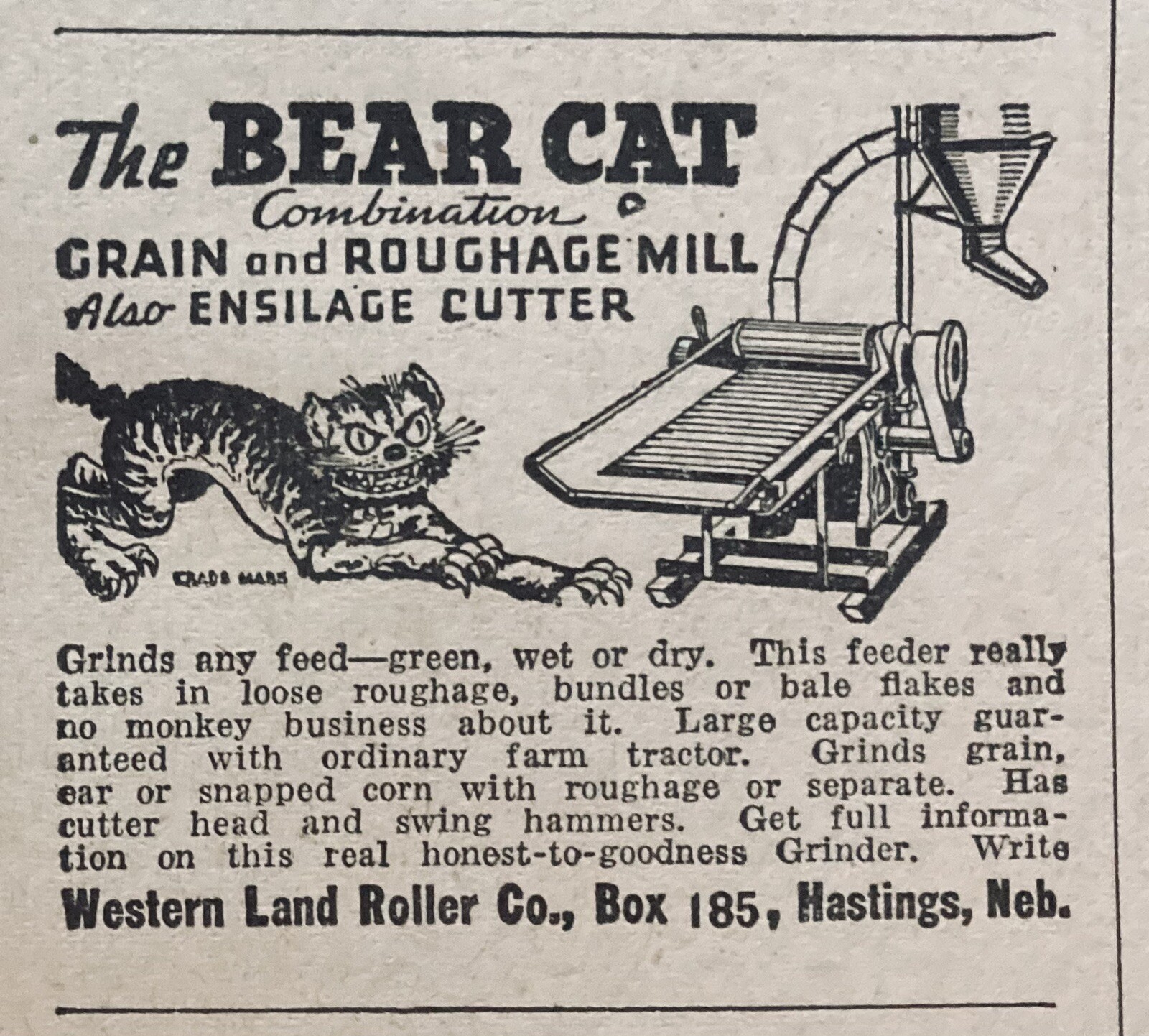1938 AD.(XH15)~WESTERN LAND ROLLER CO. HASTINGS, NEB. BEAR CAT GRAIN MILL