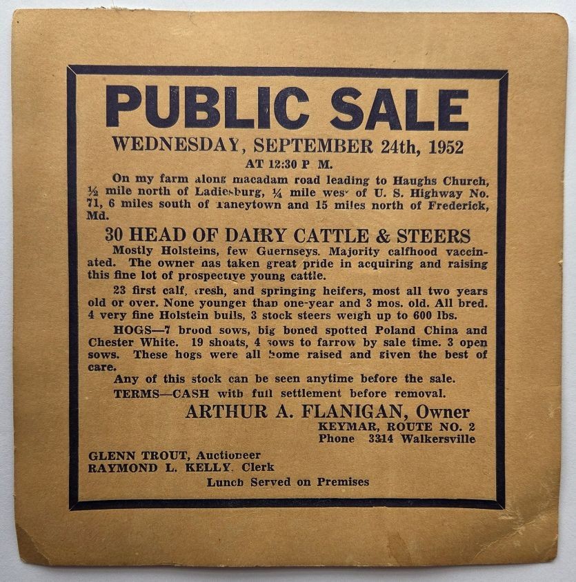 Public Farm Sale Advertising Cards Qty 2 Sept. 24, 1952 Arthur A. Flanigan