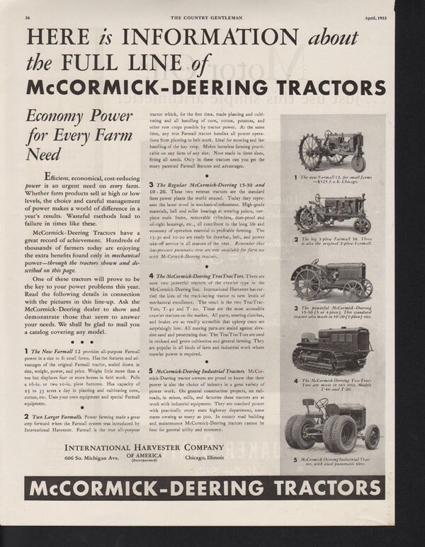 1933 MCCORMICK DEERING TRACTOR FARMALL AGRICULTURE INDUSTRIAL TRAC AD 10346