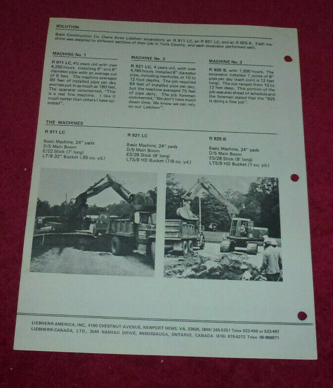 Vintage Liebherr Job Report #125 Excavator R911 921 925 York County VA