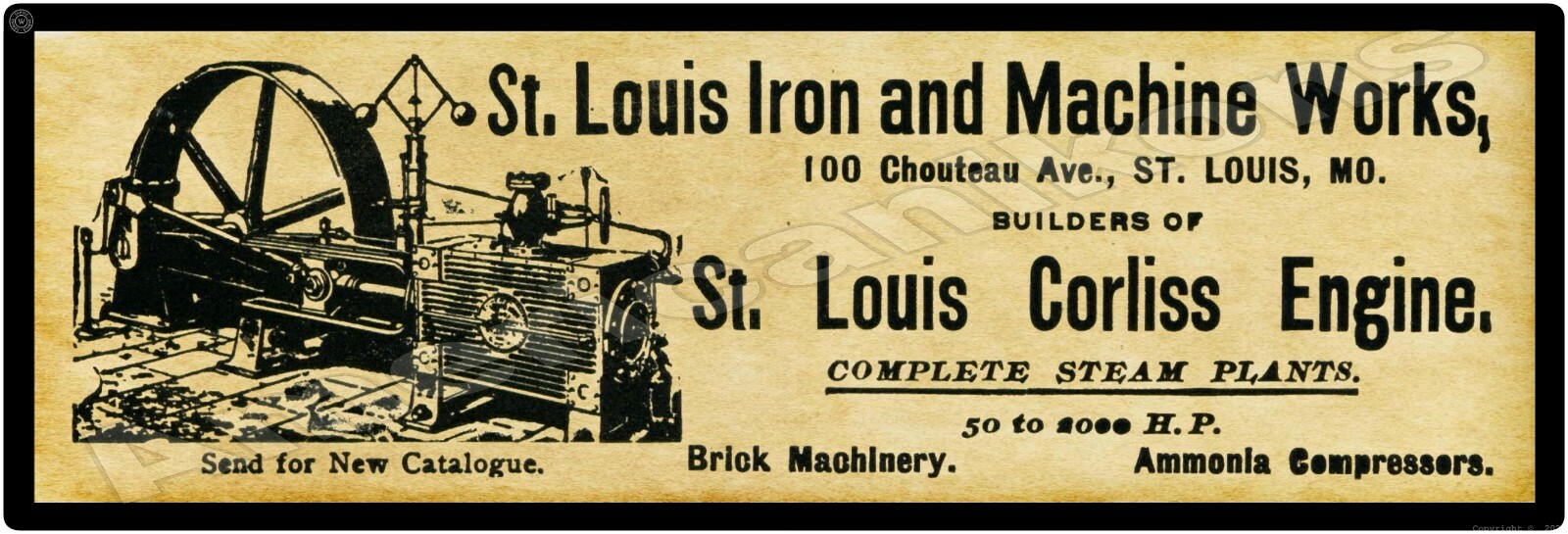 1895 St. Louis Iron & Machine Works New Metal Sign: Corliss Engines – Missouri