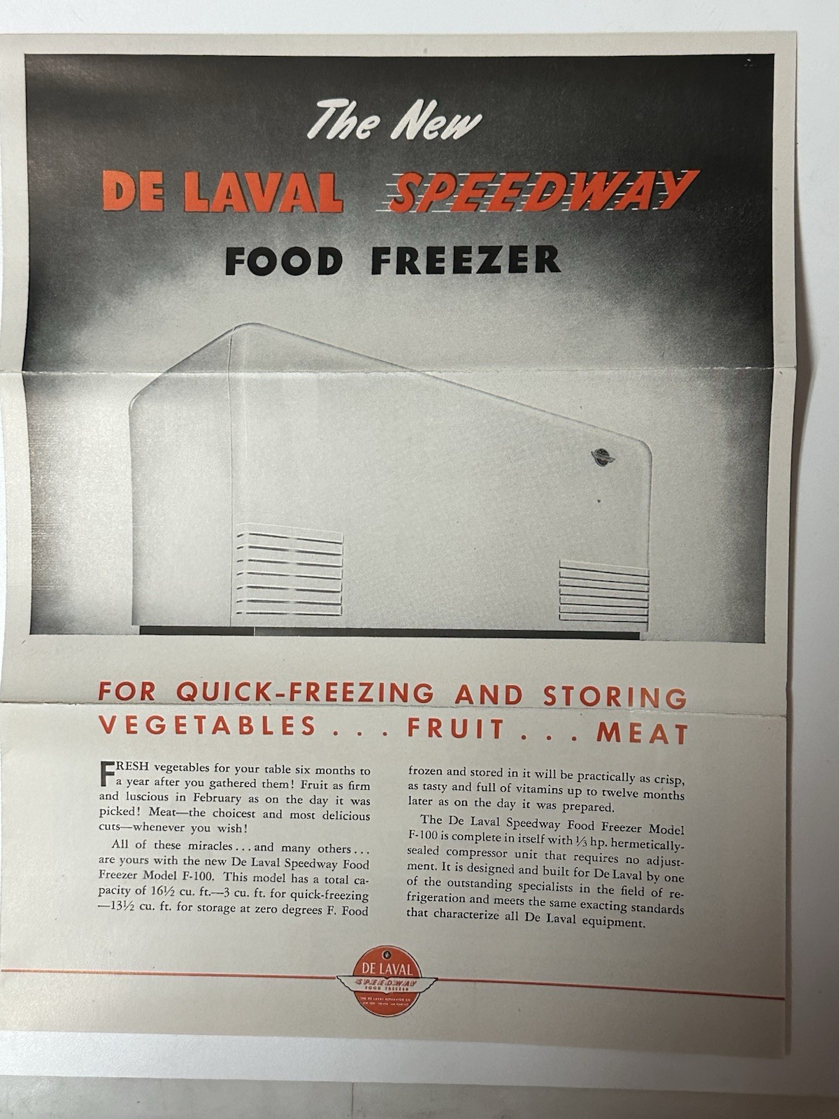 1949 De Laval Speedway Food Freezer pamphlet (22A)