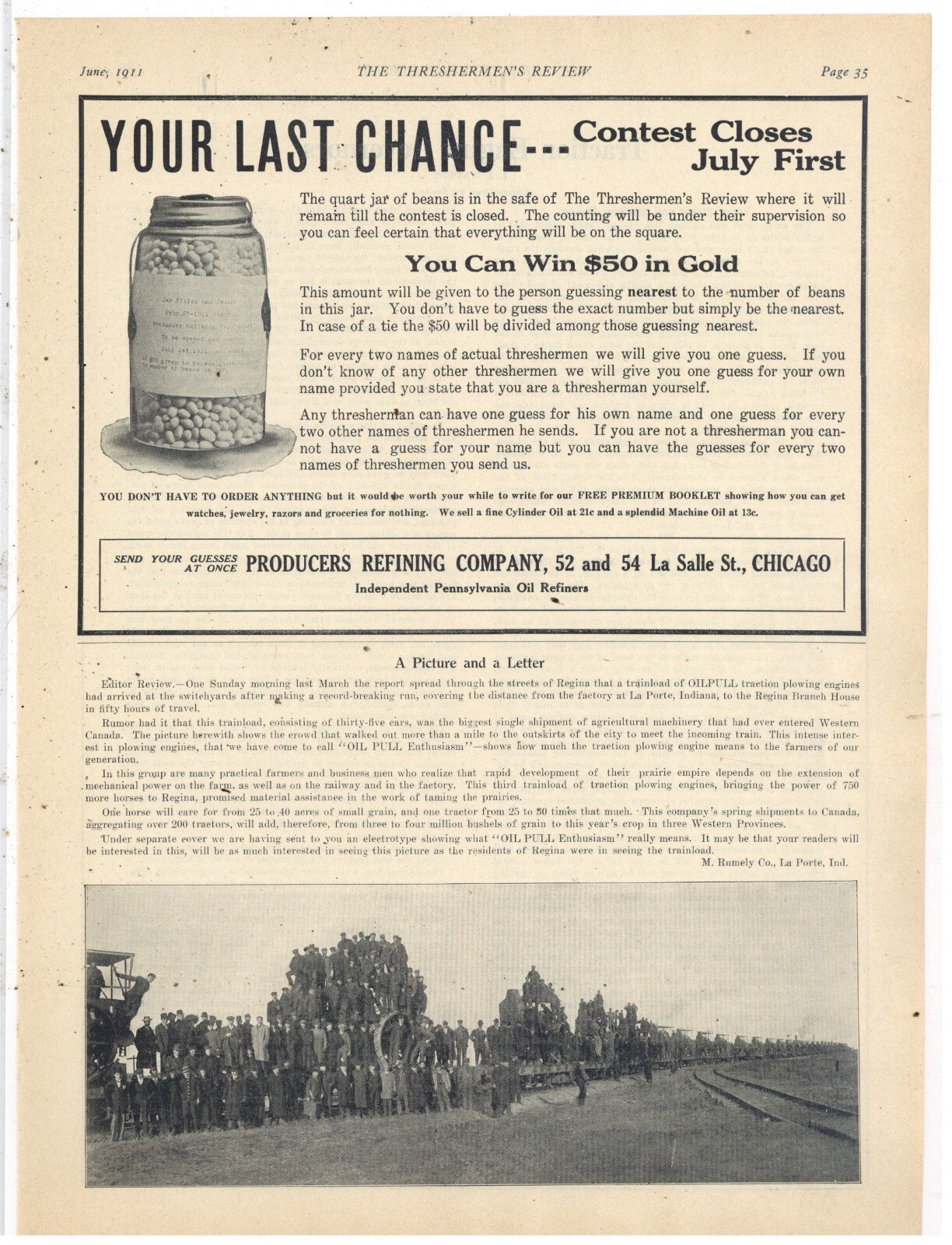1911 Picture & Letter: M. Rumely Co. of La Porte, Indiana – Oil Pull Enthusiasm!