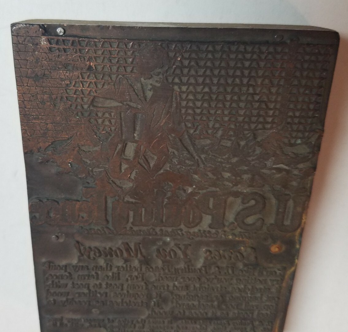 Rare 1930s Letterpress Printer&rsquo;s Block U S Poultry Fencing Indiana Steel Muncie
