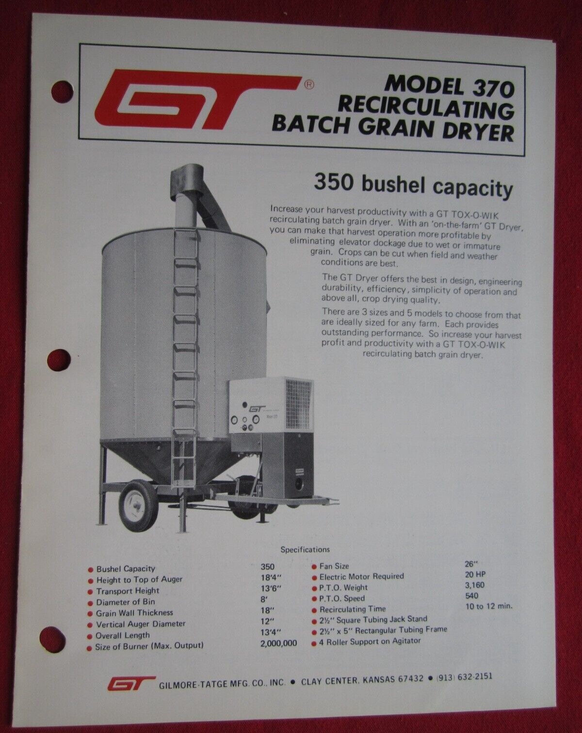 1975 GT GILMORE-TATGE, CLAY CENTER, KANSAS, MODEL 350 BATCH GRAIN DRYER BROCHURE
