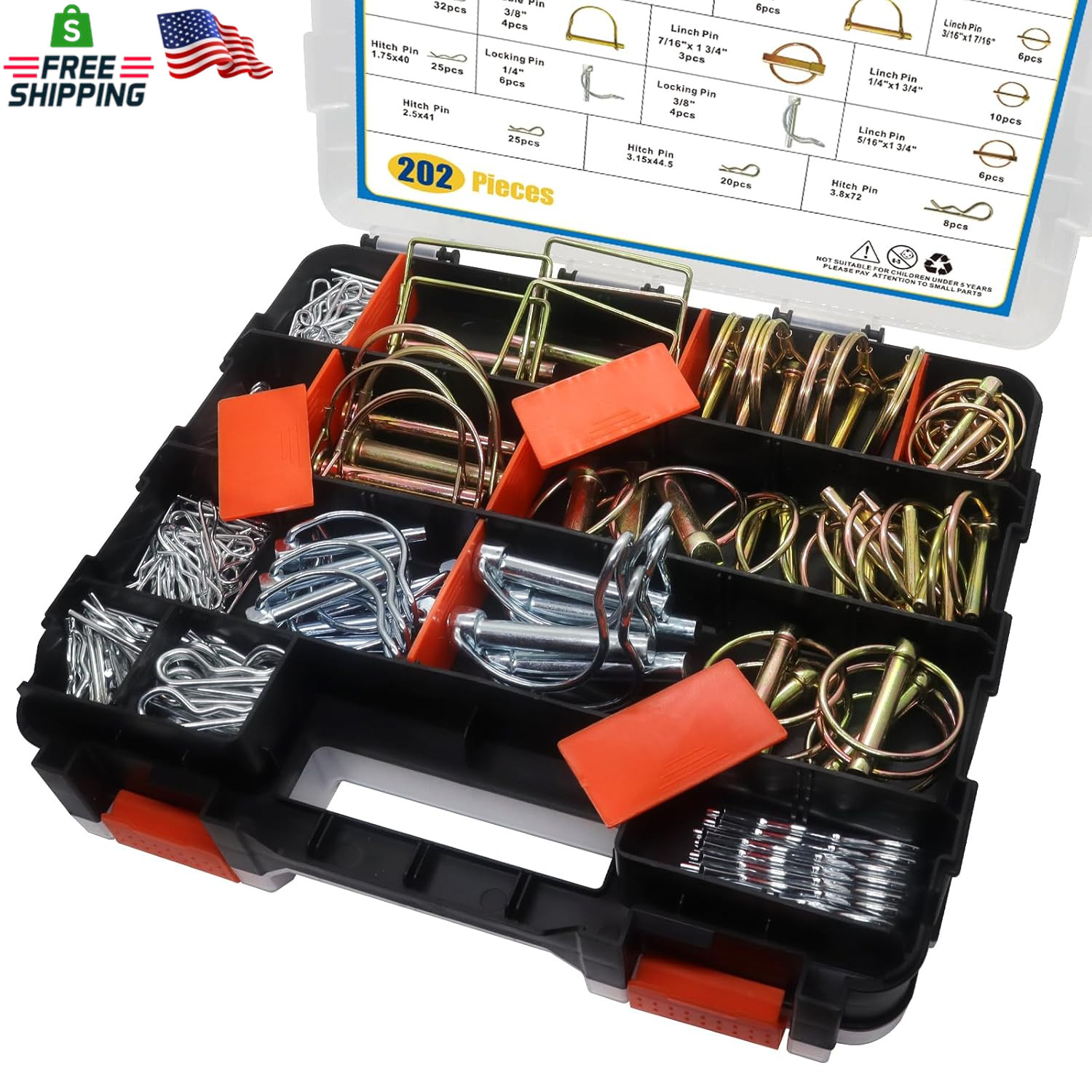 202PCS Hitch Pins Clip Pins, Linch and PTO Pins for Trailers Tractors Trucks Tow
