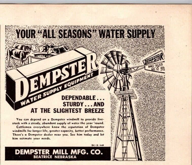 1948 Print Ad Dempster Mill Mfg Beatrice NE Water Supply Equipment Windmill