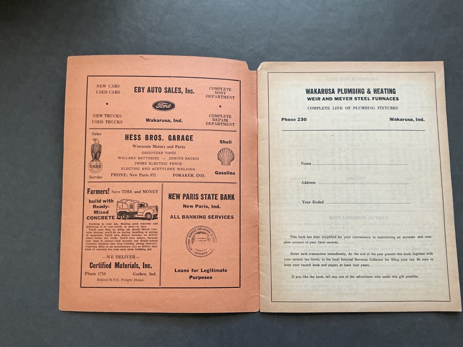 1952 Farm Acct. Record Book – Wakarusa Plumbing & Heating, New Paris, Indiana