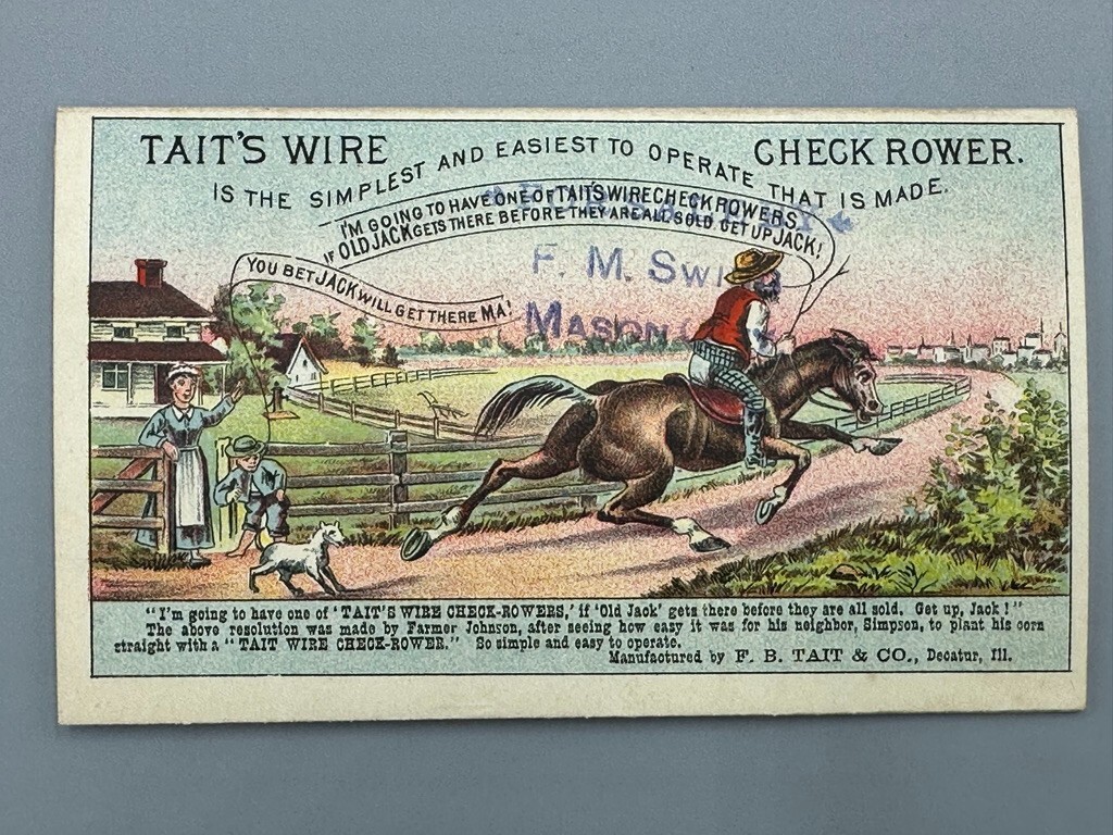 1880s TAITs WIRE Check Rower FARM Advertising Folding Trade Card DECATUR Ill