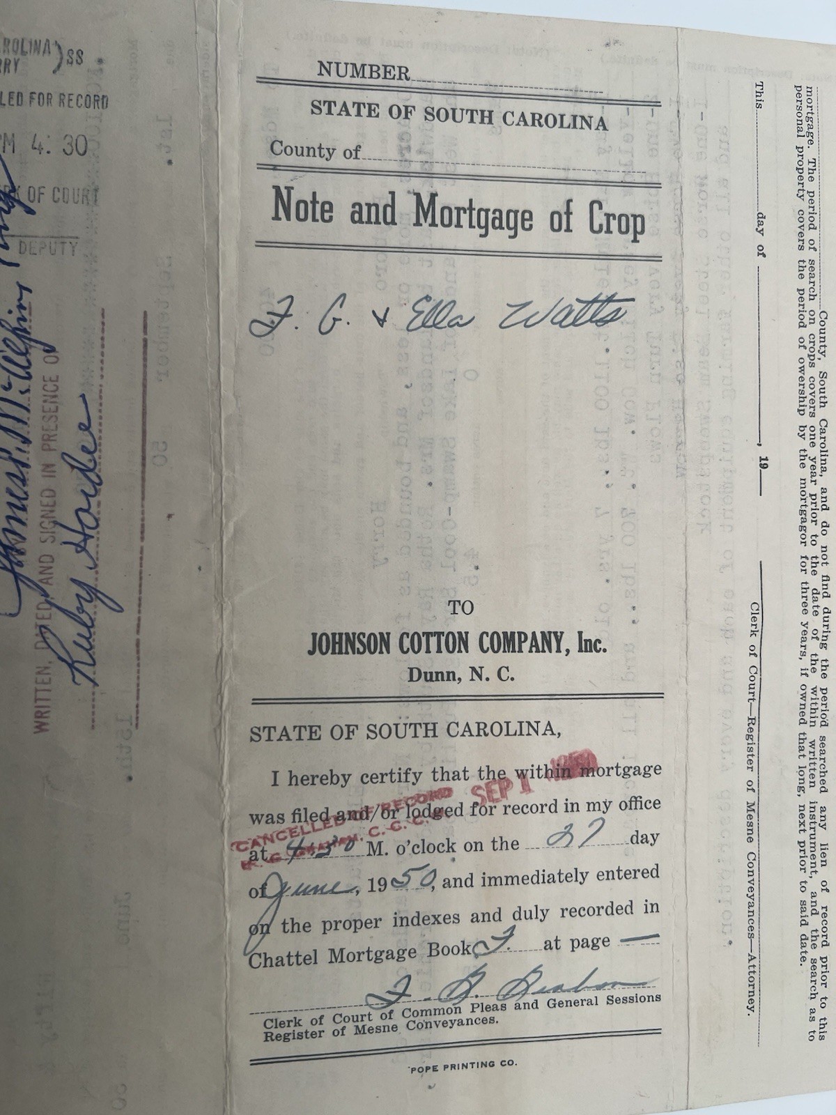 1950 SC Crop Mortgage Johnson Cotton Co Mule Cow Horry County # 1154