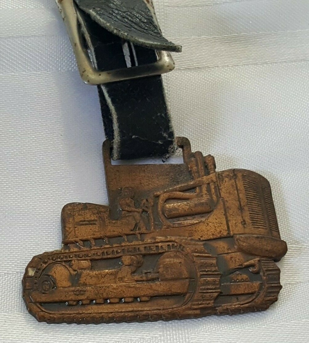AC SHERIDAN EQUIPMENT FOB BADGE ON LEATHER STRAP AGRACULTURE FARM TRACTOR METAL