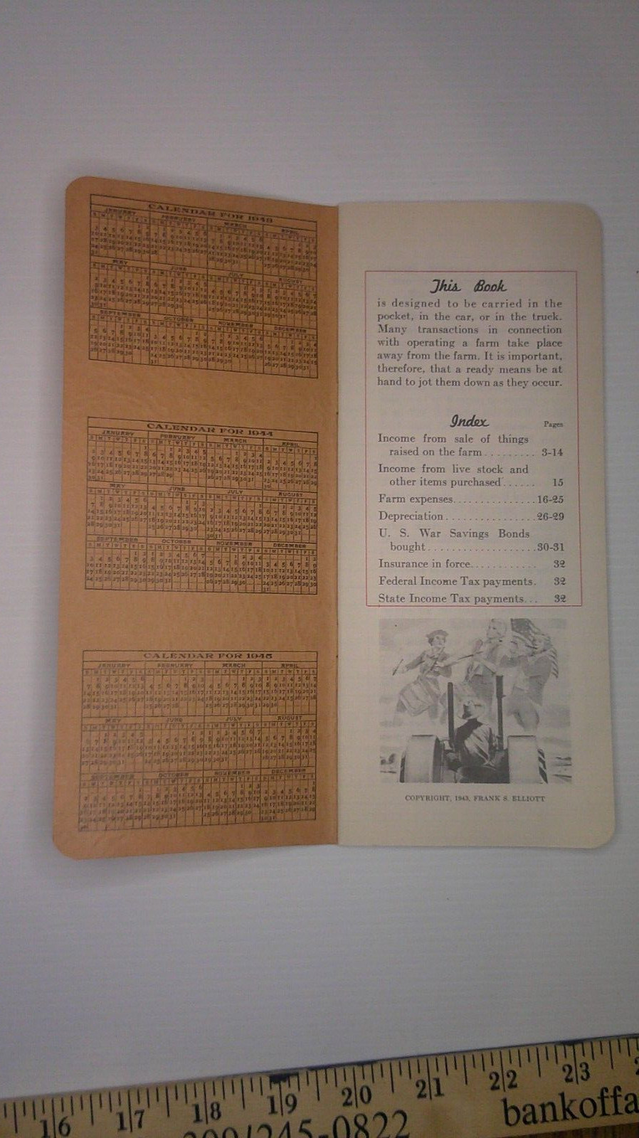 E.L. Norman auctioneer Williamsfield, Il. Farmer&rsquo;s income tax record 1943 book