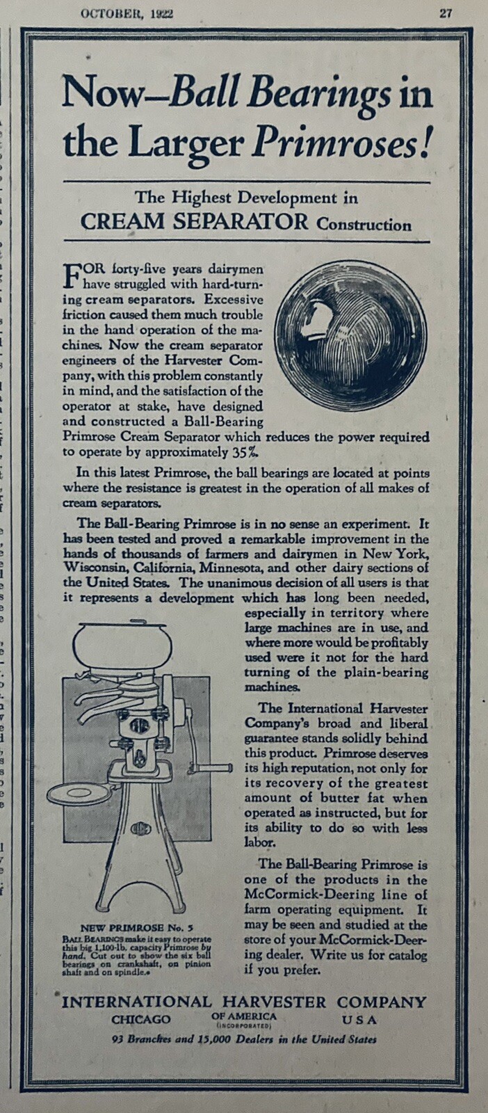1922 AD(XH54)~INTERNATIONAL HARVESTER CO. NEW PRIMROSE NO.5 CREAM SEPARATOR