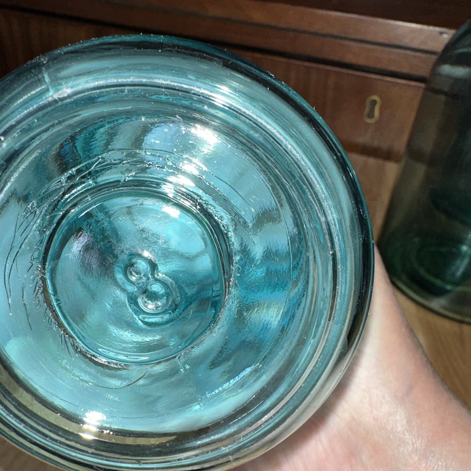 Blue Pint C.1910-23 Ball FLAW “PERFECT (off set to Right)MASON” Zinc & Glass TOP