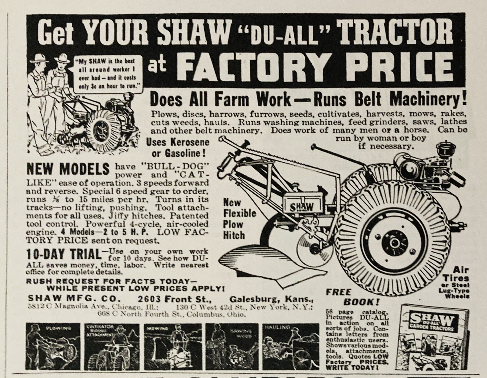 1938 AD.(XH70)~SHAW MFG. CO. GALESBURG, KS. SHAW “DU-ALL” GARDEN TRACTOR