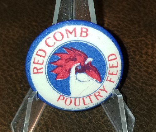 c.1910 RED COMB POULTRY FEED blue border 1 1/8&Prime; celluloid pinback button farm *