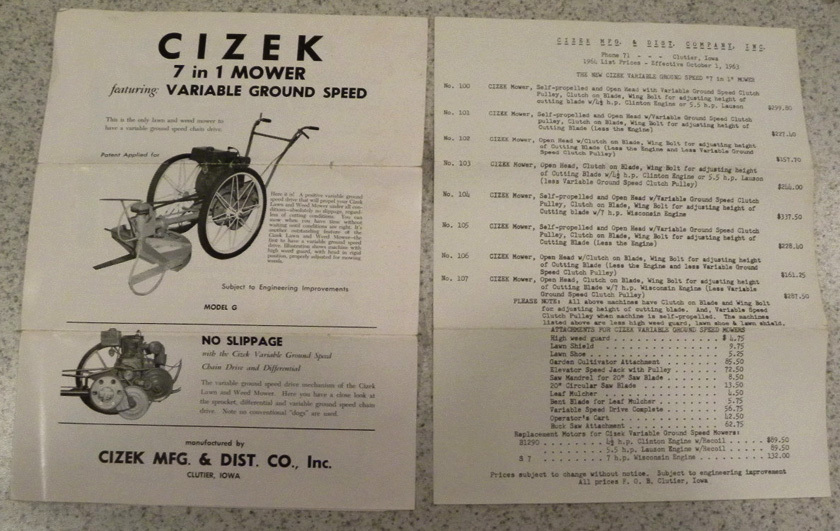1964 Cizek Lawn & Weed Mower, Cultivator, Saw, Clutier,Iowa Ia Adv. & Price List