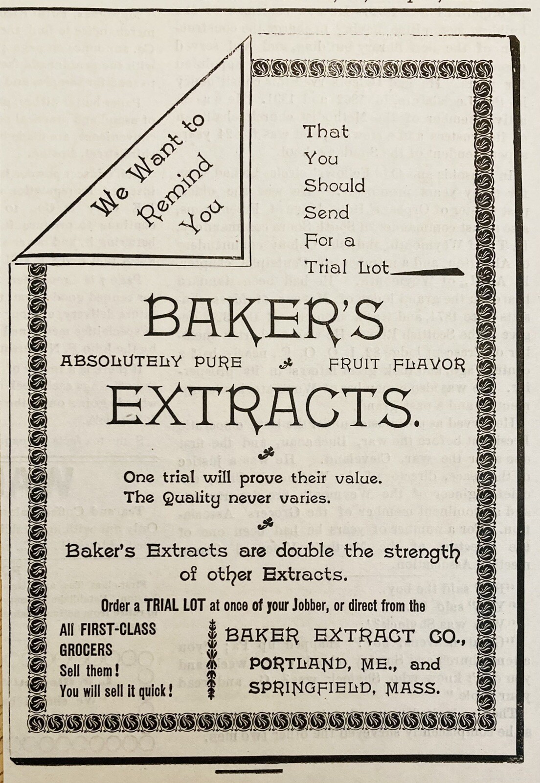 1899 AD.(XH63)~BAKER EXTRACT CO. PORTLAND, ME. & SPRINGFIELD, MASS.
