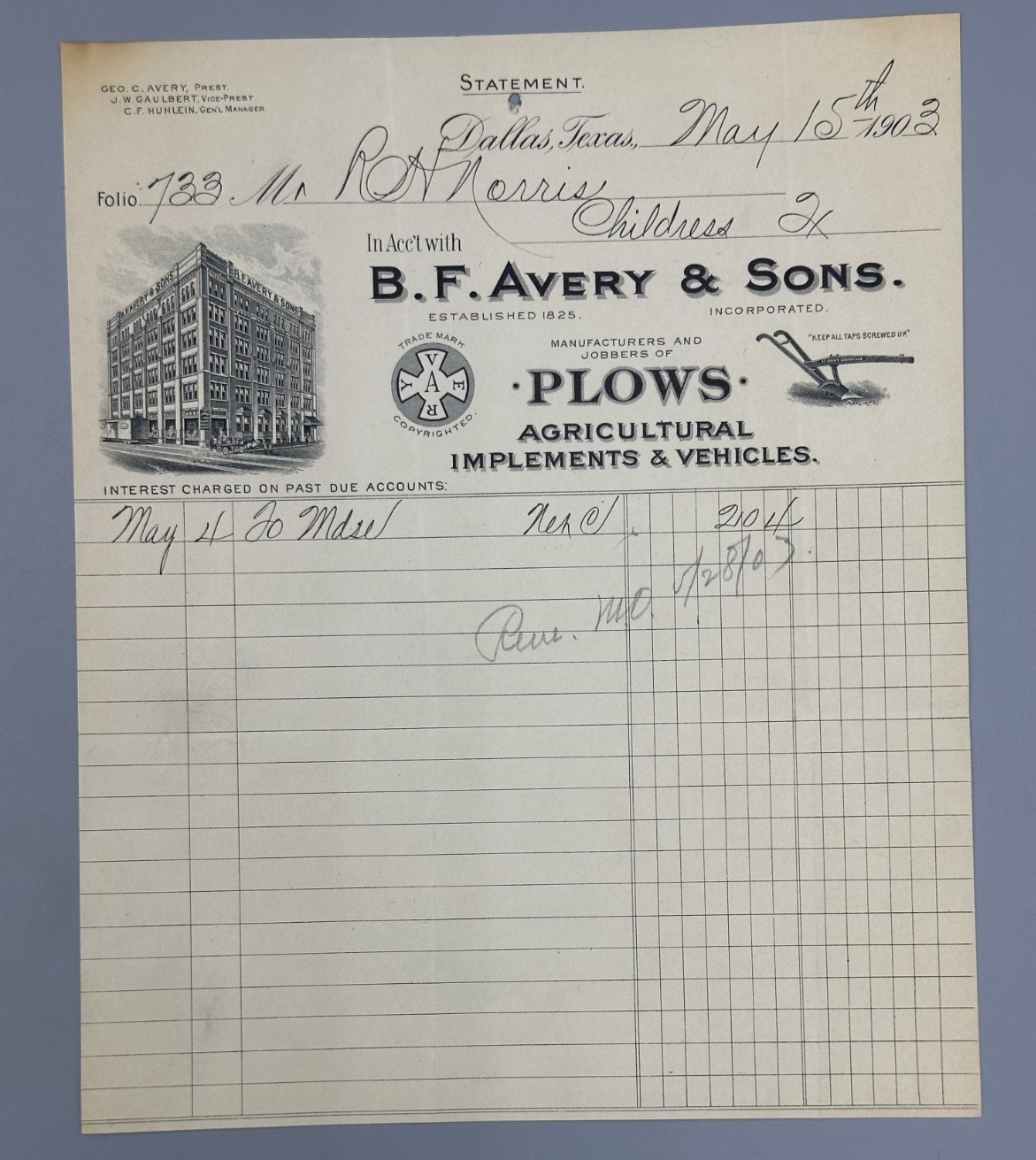 1904 B F AVERY & Sons PLOWS Letter DALLAS Texas FARM Advertising Receipt Antique